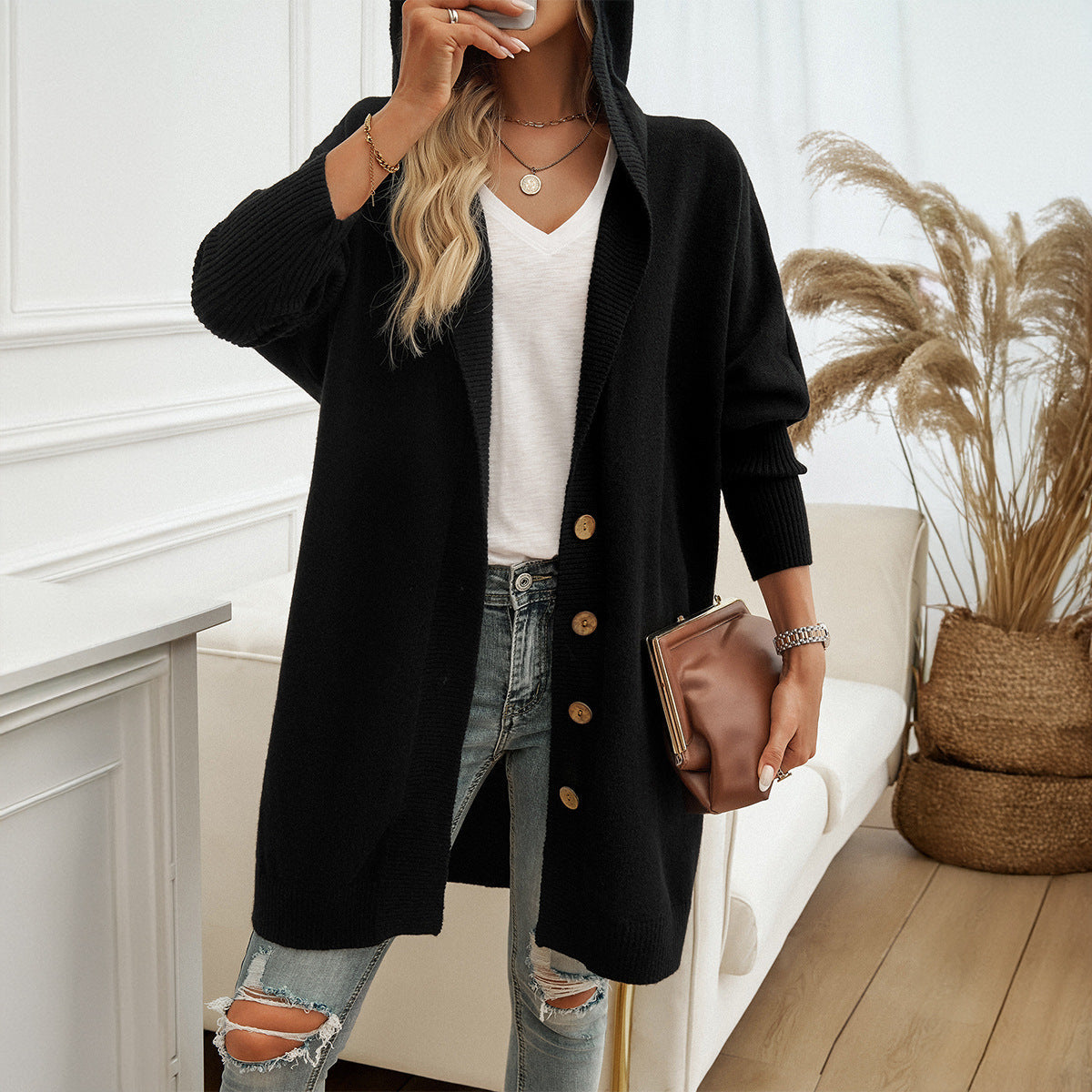 Autumn and winter new casual loose cardigan buttoned hooded sweater jacket for women