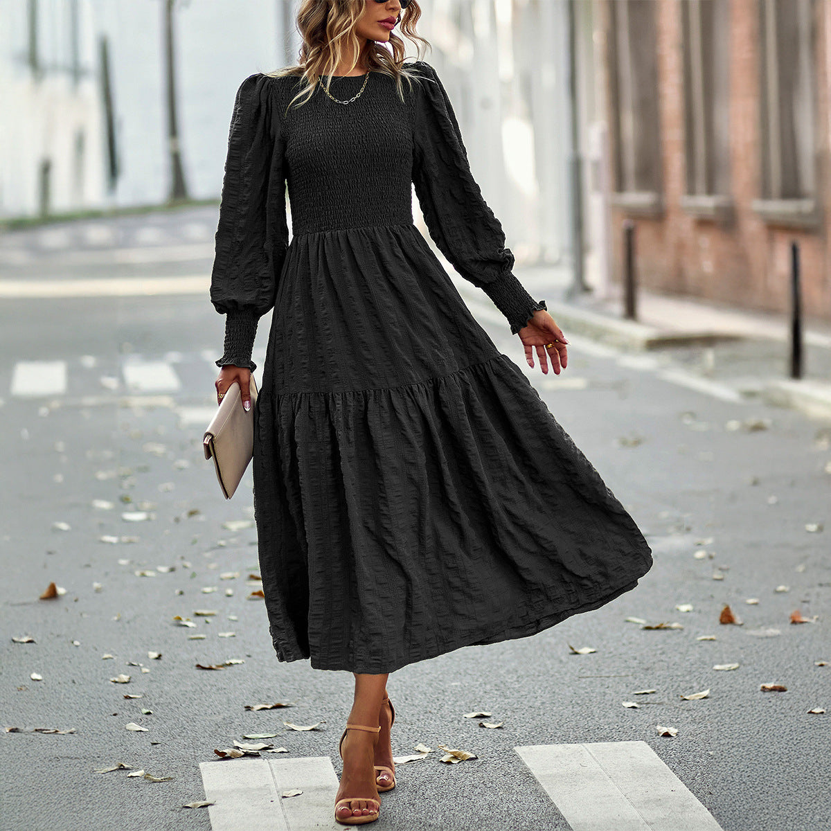 Autumn and winter dress elegant high waist olive long sleeve mid-length dress for women