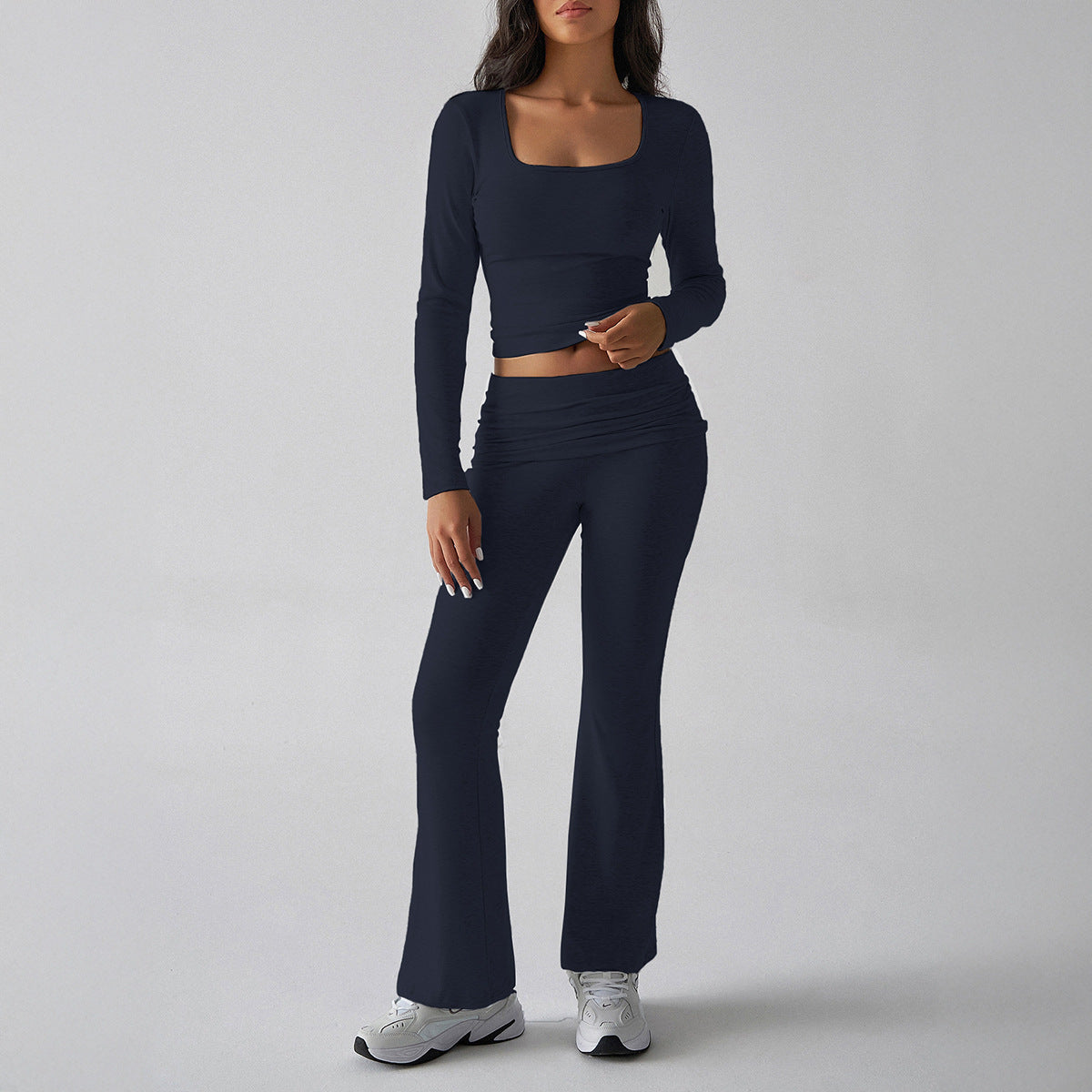 Diyun autumn and winter solid color casual knitted long-sleeved top yoga suit two-piece pants suit