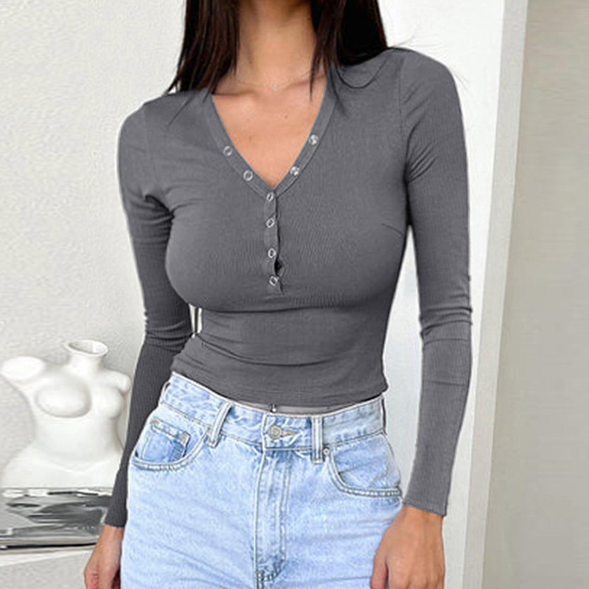 Autumn and winter women's clothing temperament slim solid color long sleeve top