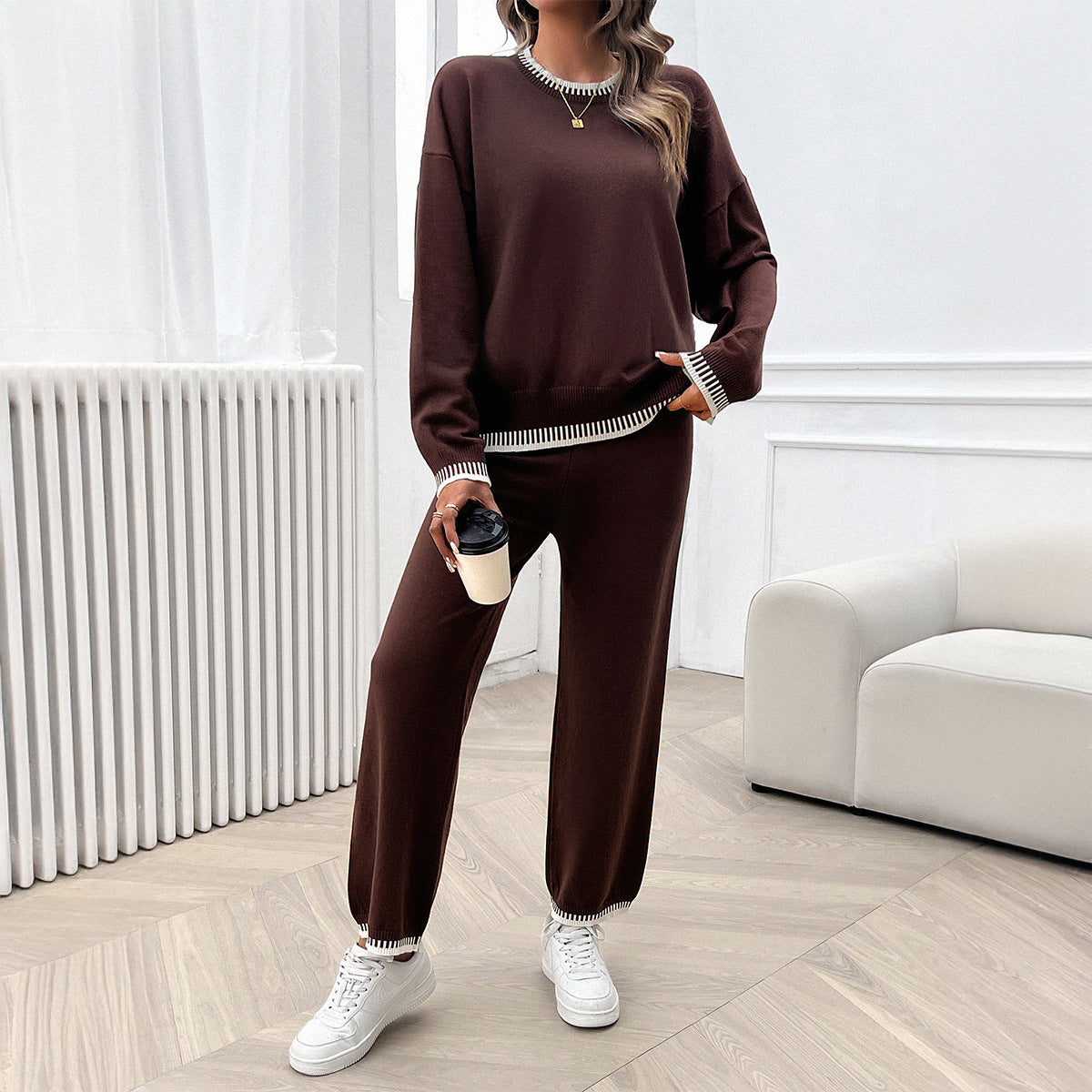 Women's autumn and winter temperament casual contrast color knitted sweater trousers suit