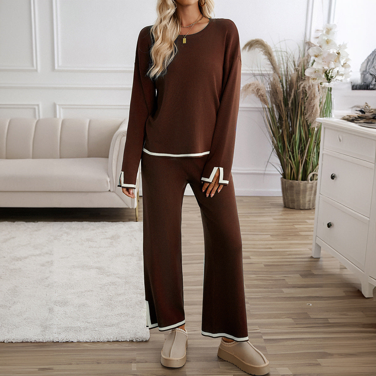 Temperament casual solid color knitted long-sleeved sweater and pants suit