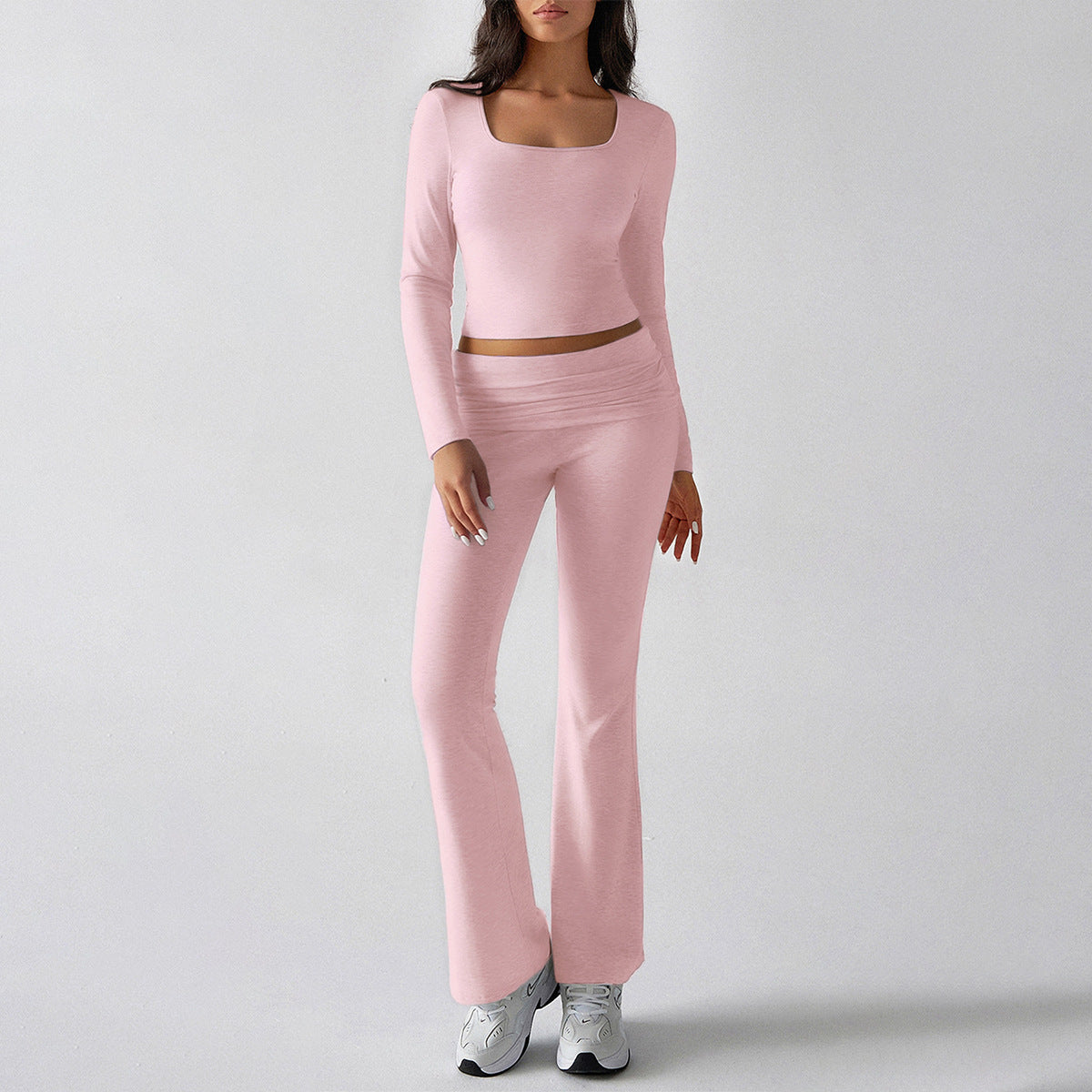 Diyun autumn and winter solid color casual knitted long-sleeved top yoga suit two-piece pants suit