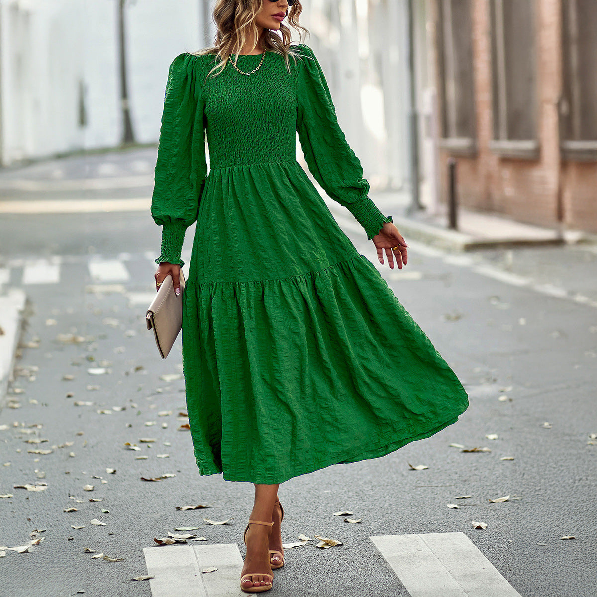 Autumn and winter dress elegant high waist olive long sleeve mid-length dress for women