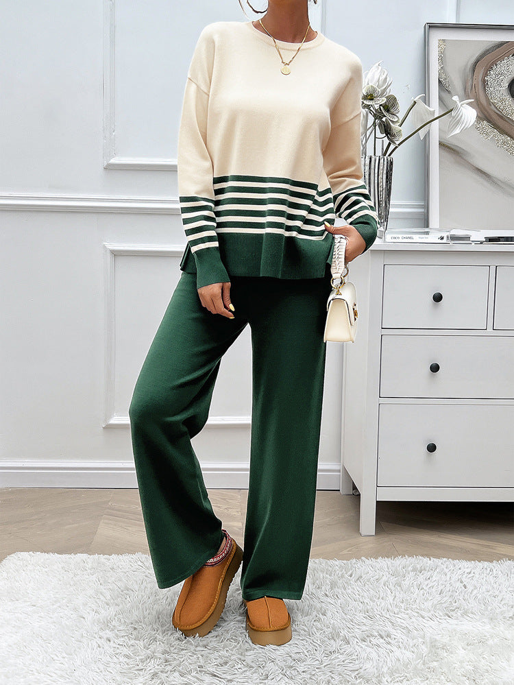 Autumn and winter casual loose contrast color straight trousers sweater suit for women