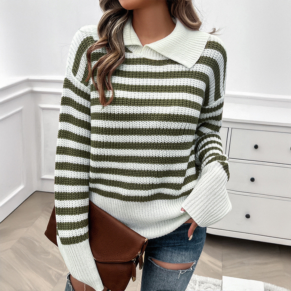 Autumn and winter tops for women, casual loose lapel striped long-sleeved sweater for women