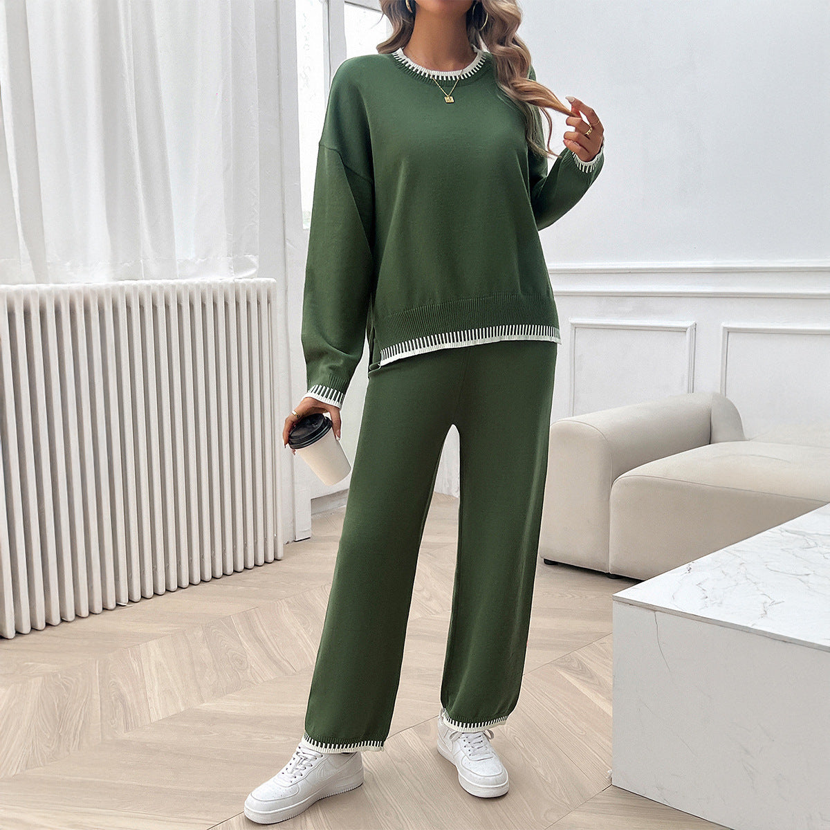 Women's autumn and winter temperament casual contrast color knitted sweater trousers suit