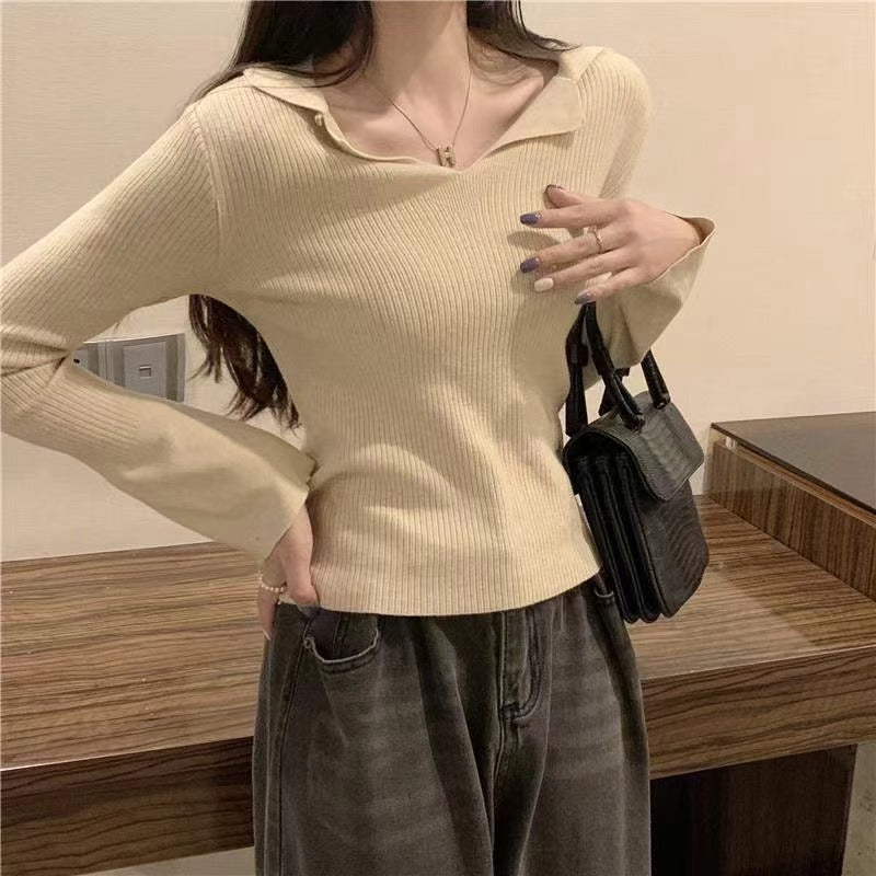 Slim fit short lapel base knit sweater