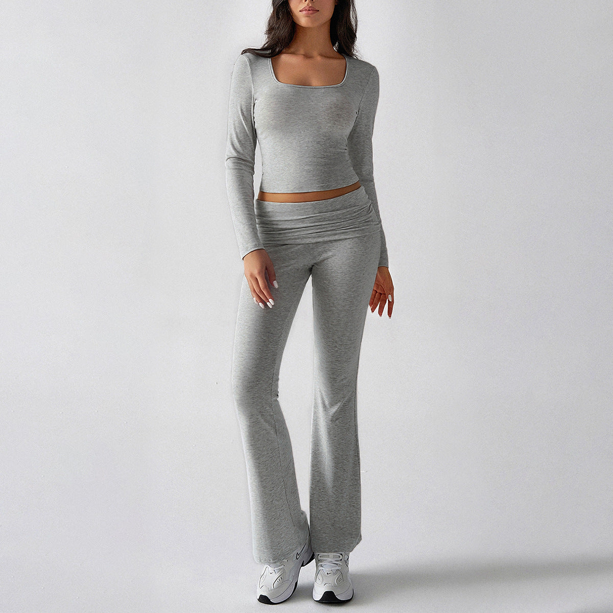 Diyun autumn and winter solid color casual knitted long-sleeved top yoga suit two-piece pants suit