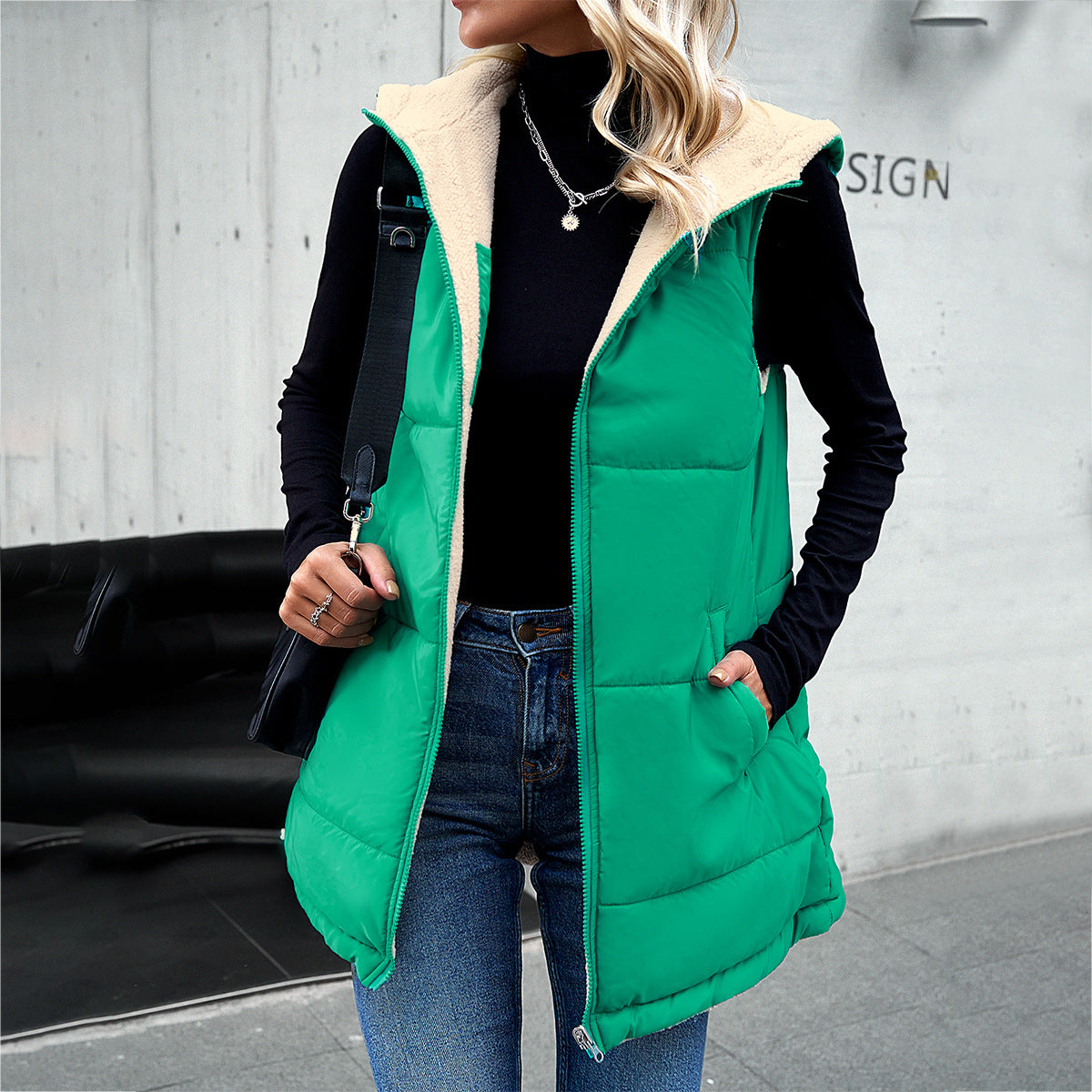 Women's winter loose commuting mid-length hooded cotton coat