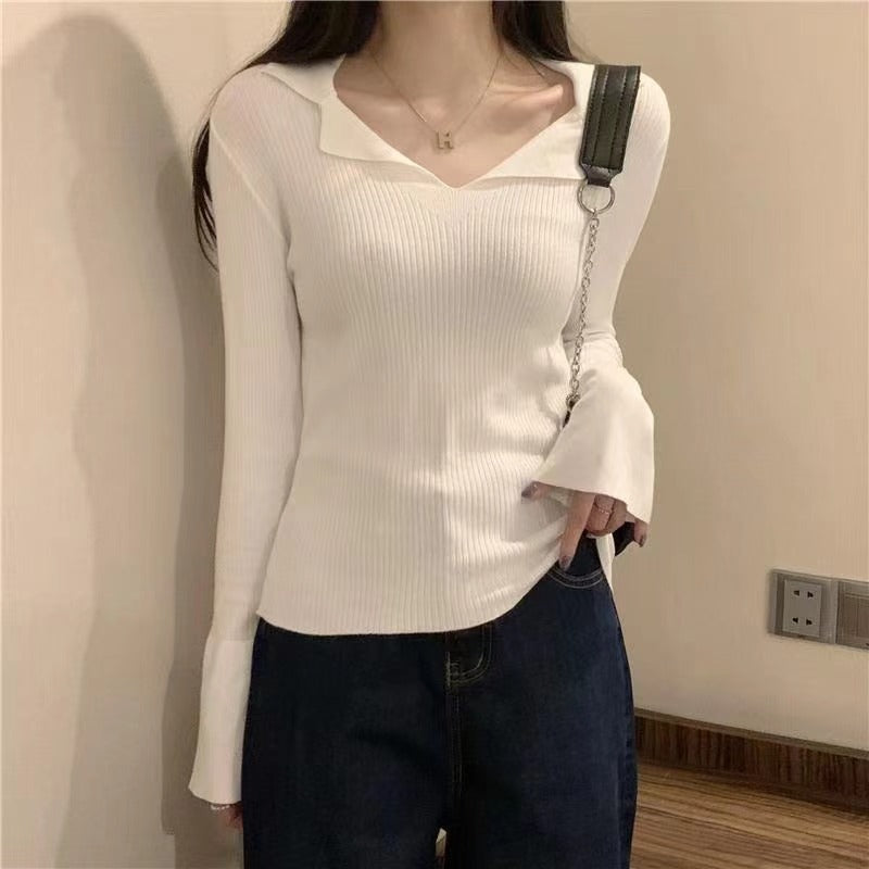 Slim fit short lapel base knit sweater