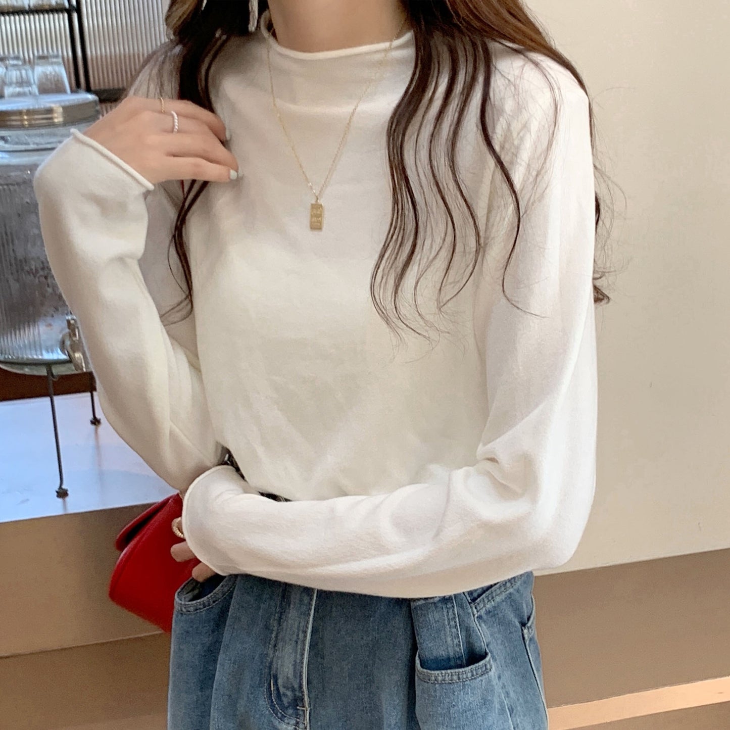 Half turtleneck solid color long-sleeved T-shirt with a slim fit knitted bottoming shirt