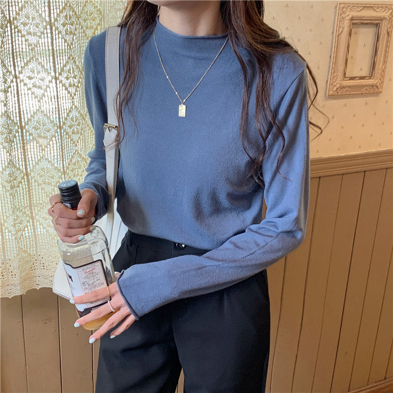 Half turtleneck solid color long-sleeved T-shirt with a slim fit knitted bottoming shirt